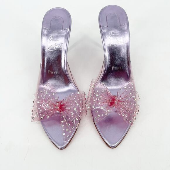 Christian Louboutin Aqua Strass PVC Pink Crystal Bow Pointed Toe Mules EU 37.5 - Picture 5 of 13